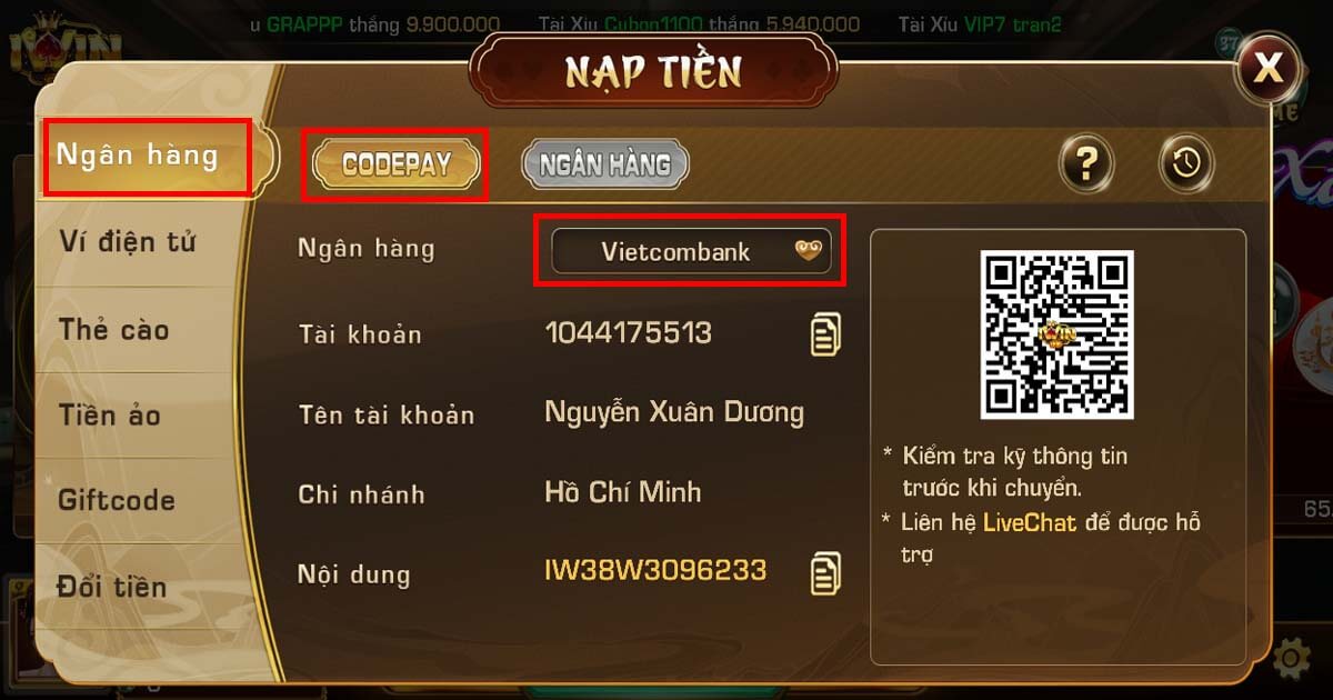 Nạp tiền Iwin Club qua Ngân hàng