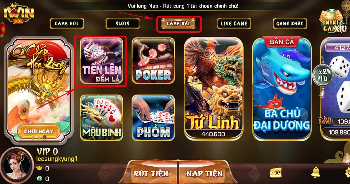 Chọn danh mục Game Bài trong iWin Club