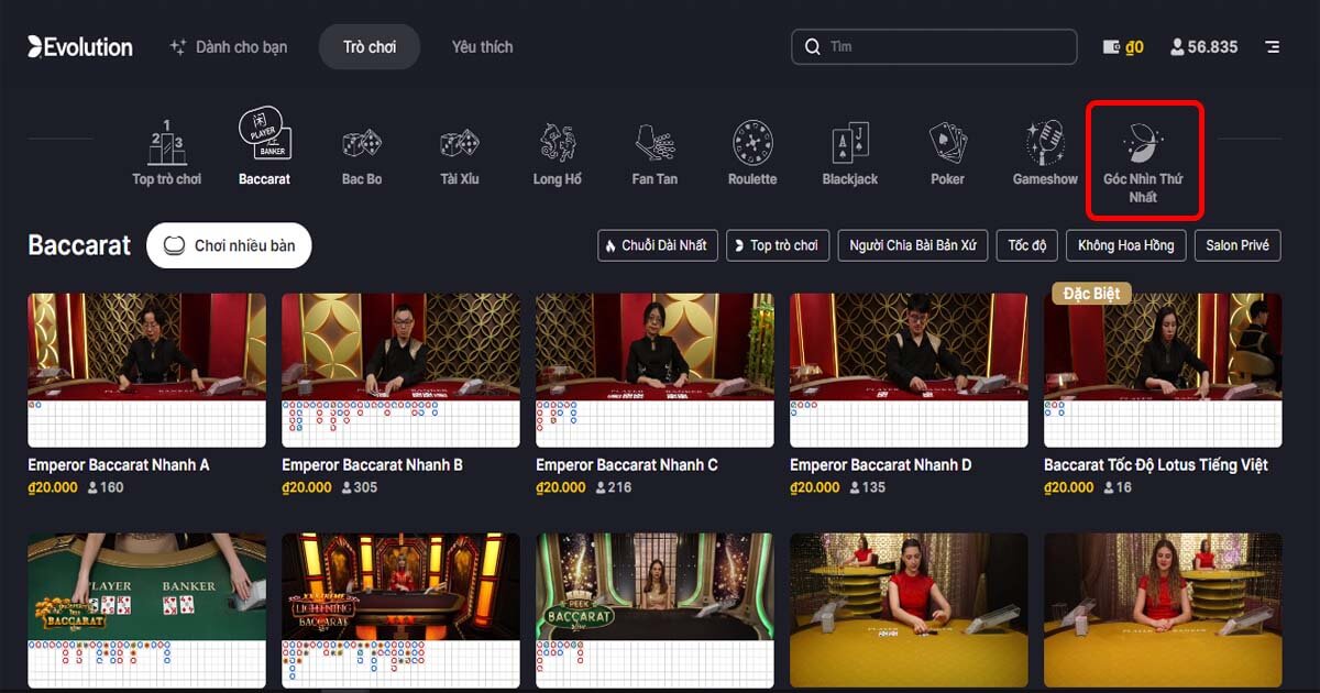 Chọn mục Góc nhìn thứ nhất khi chơi live casino iWin